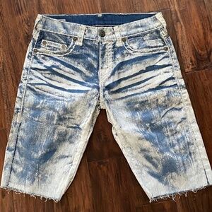 Mens True Religion Ricky Relaxed Straight Blue/White Jean Shorts